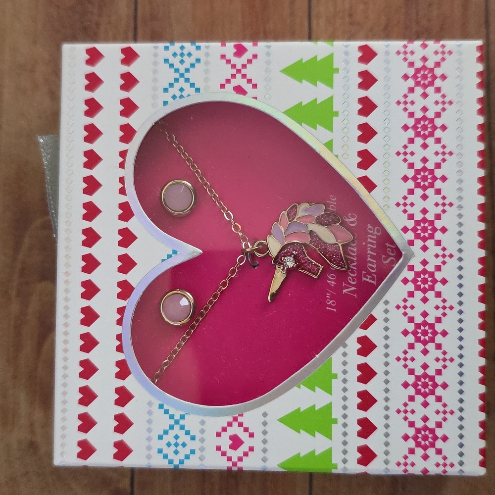 Unicorn Necklace and Earring Set 18" Adjustable Chain In Gift Box